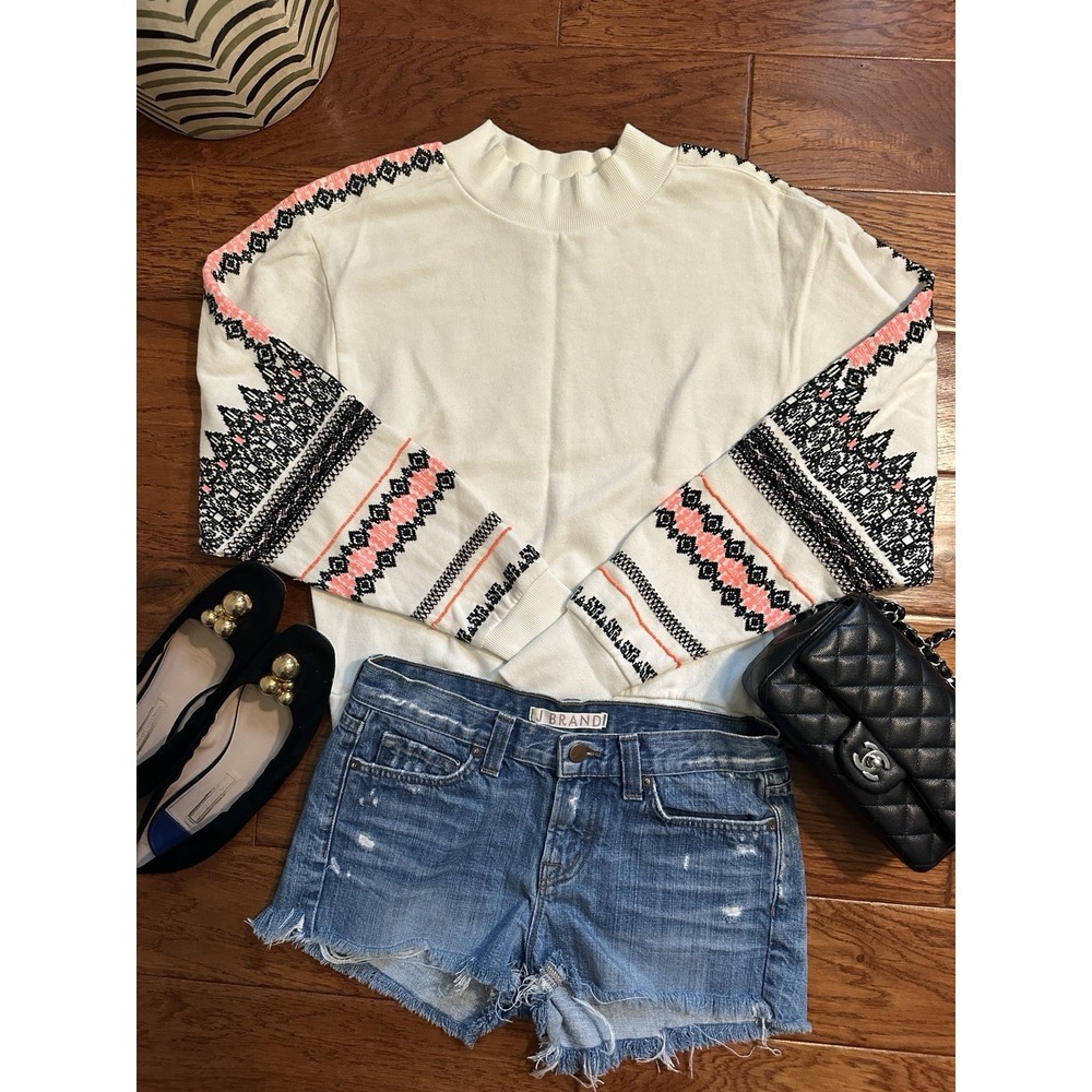 Pilcro Anthropologie Nina Embroidered Sweatshirt Small White Boho Sleeve